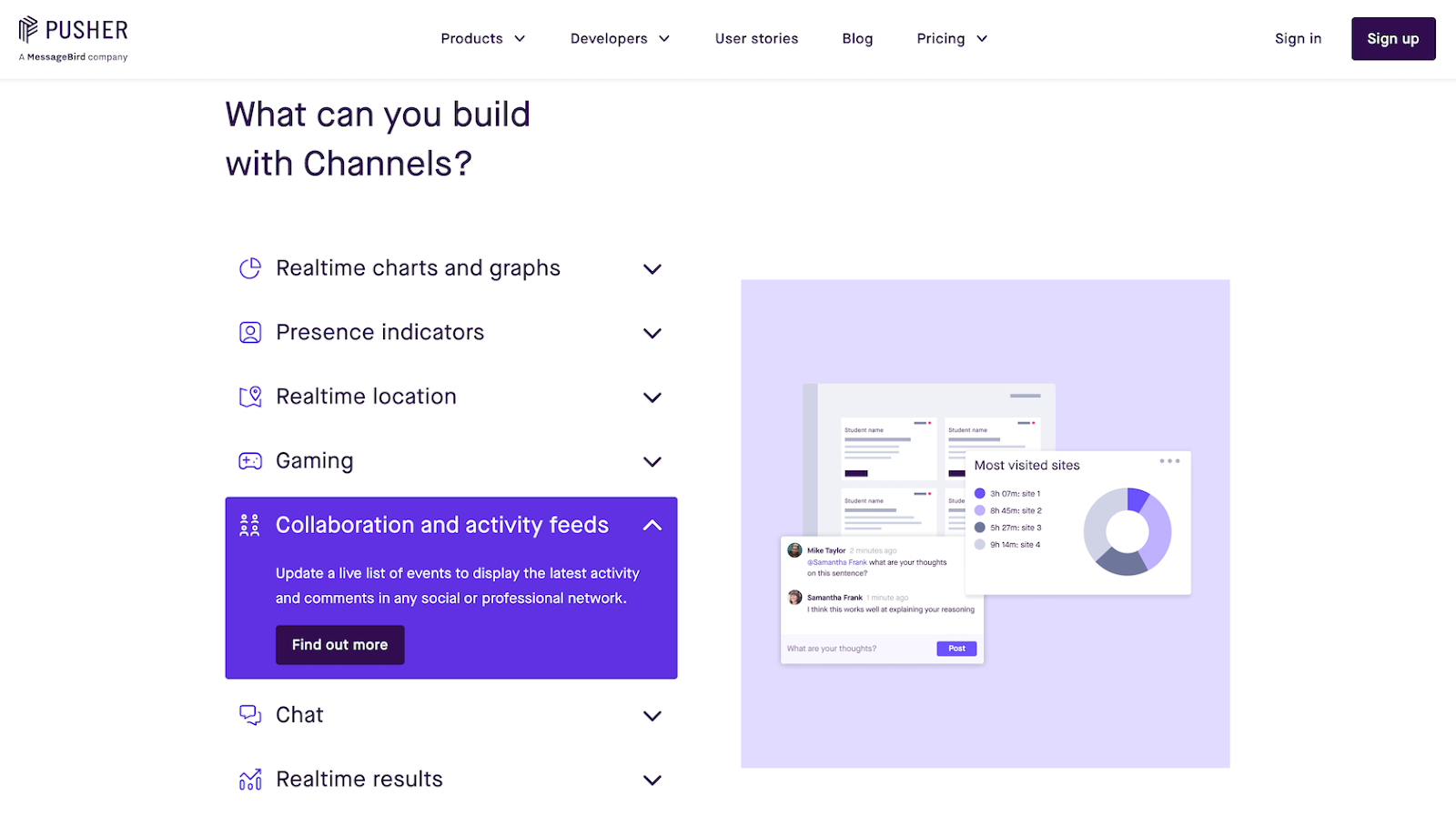 Pusher website showing the various elements you can build, including real-time charts and graphs, presence indicators, real-time location, gaming, collaboration and activity feeds, and chat