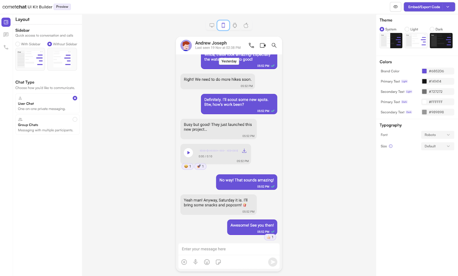 CometChat interface showing an example chat screen and various settings options