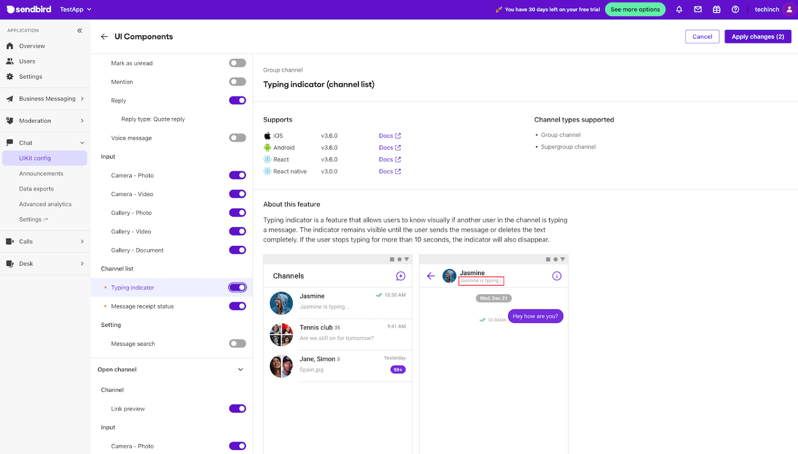 Sendbird interface showing the UIKit configuration screen