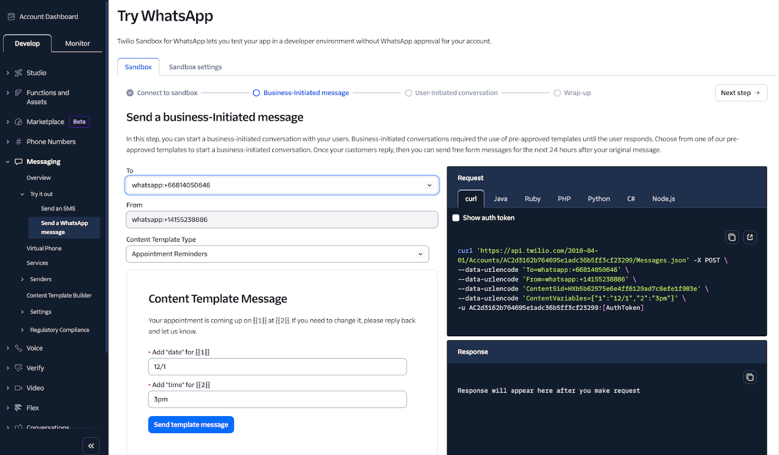 Twilio interface showing the "Send a WhatsApp message" screen
