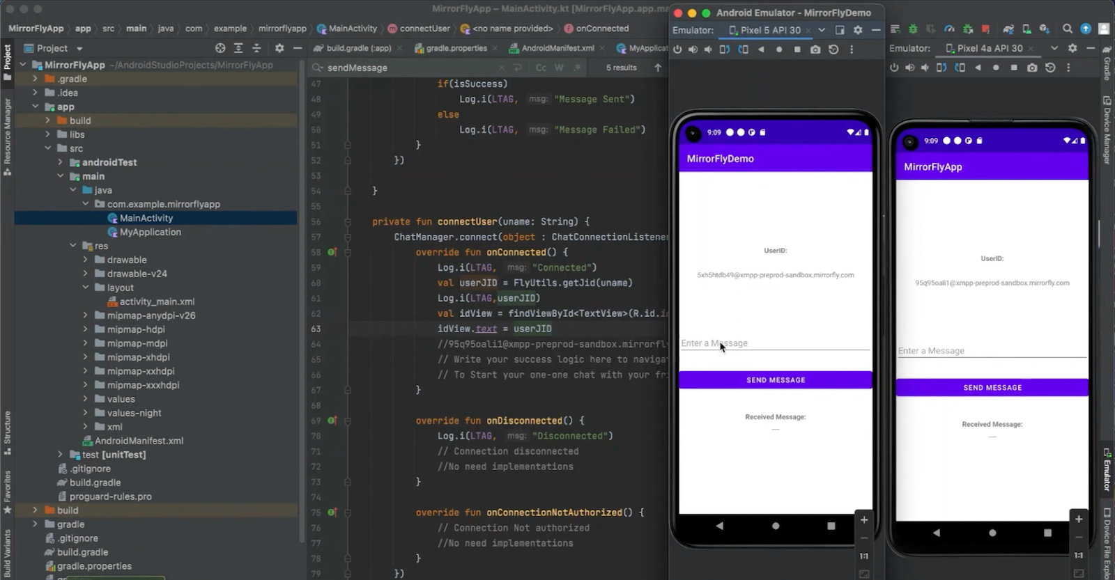 MirrorFly interface showing example chat screens within mobile apps