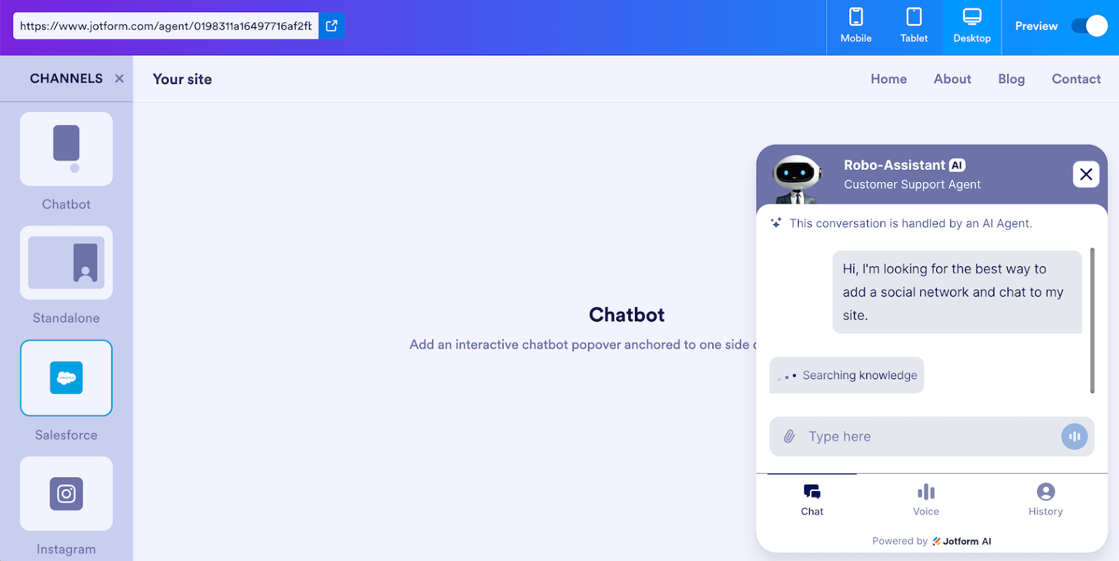 Jotform AI Chatbot interface showing an example customer support agent