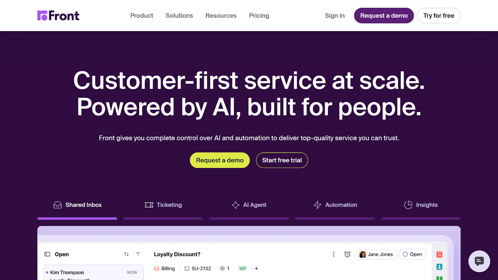 Screenshot of the Front landing page