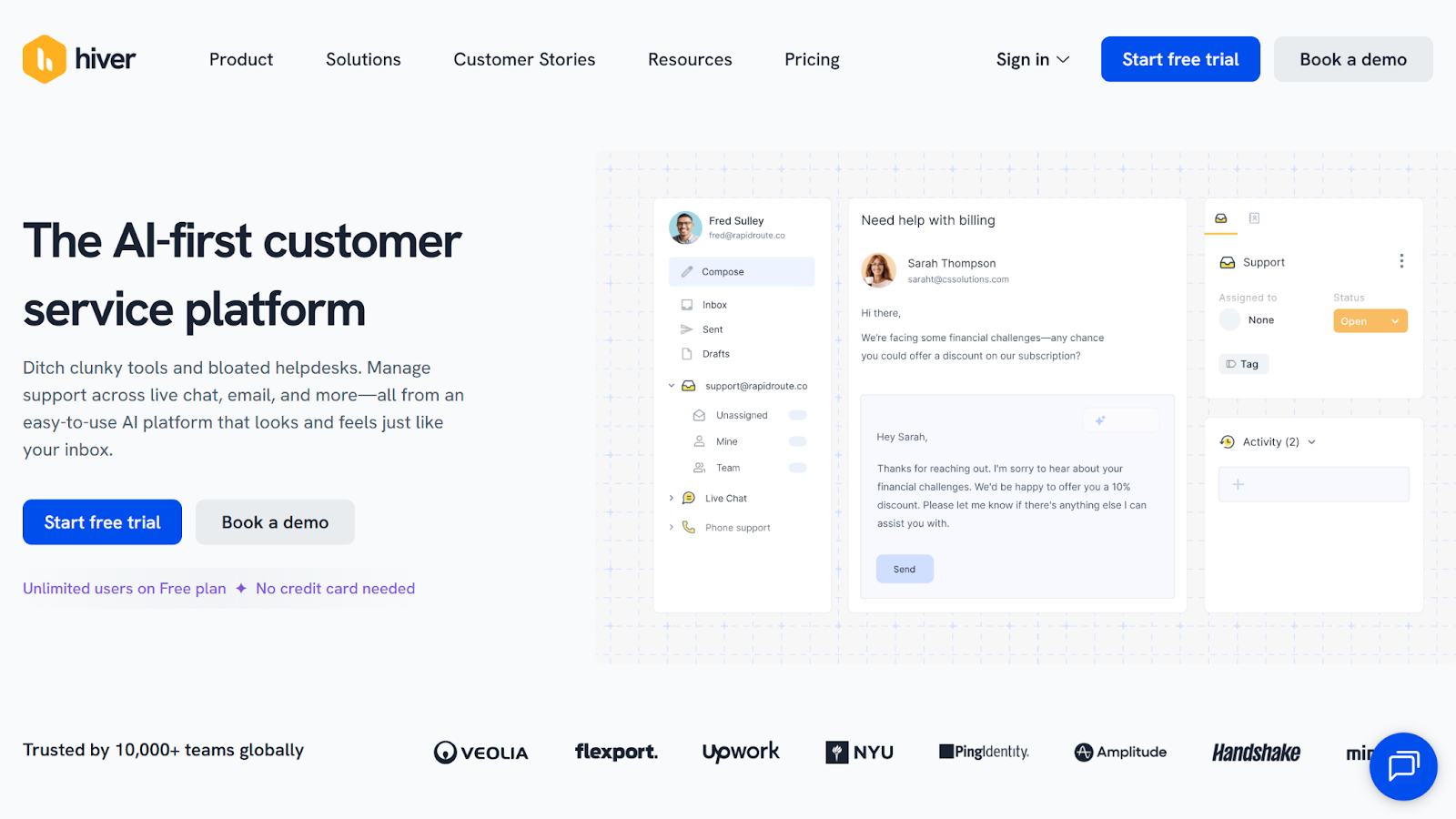 Screenshot of the Hiver landing page