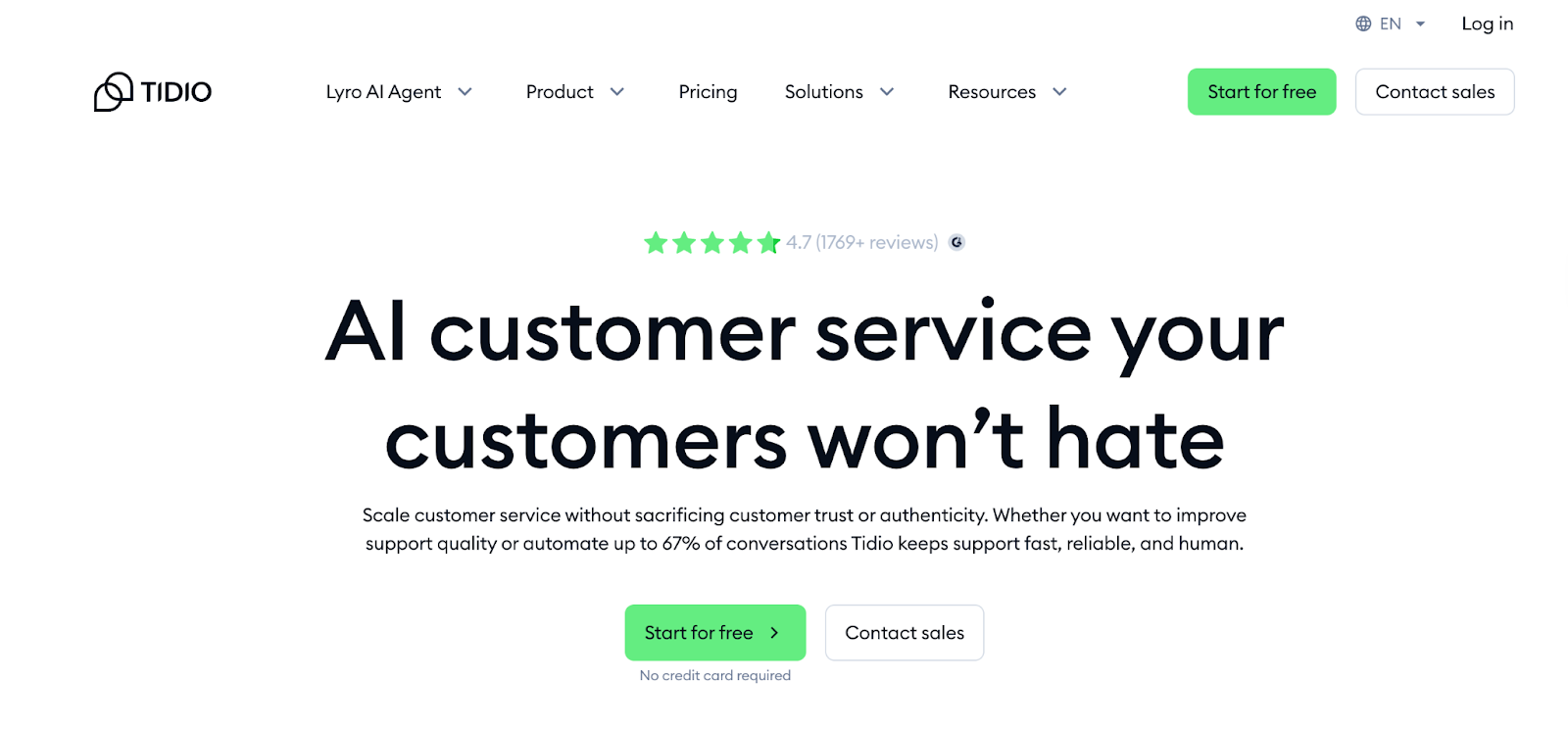 screenshot of Tidio website homepage with the words AI customer service your customers won't hate