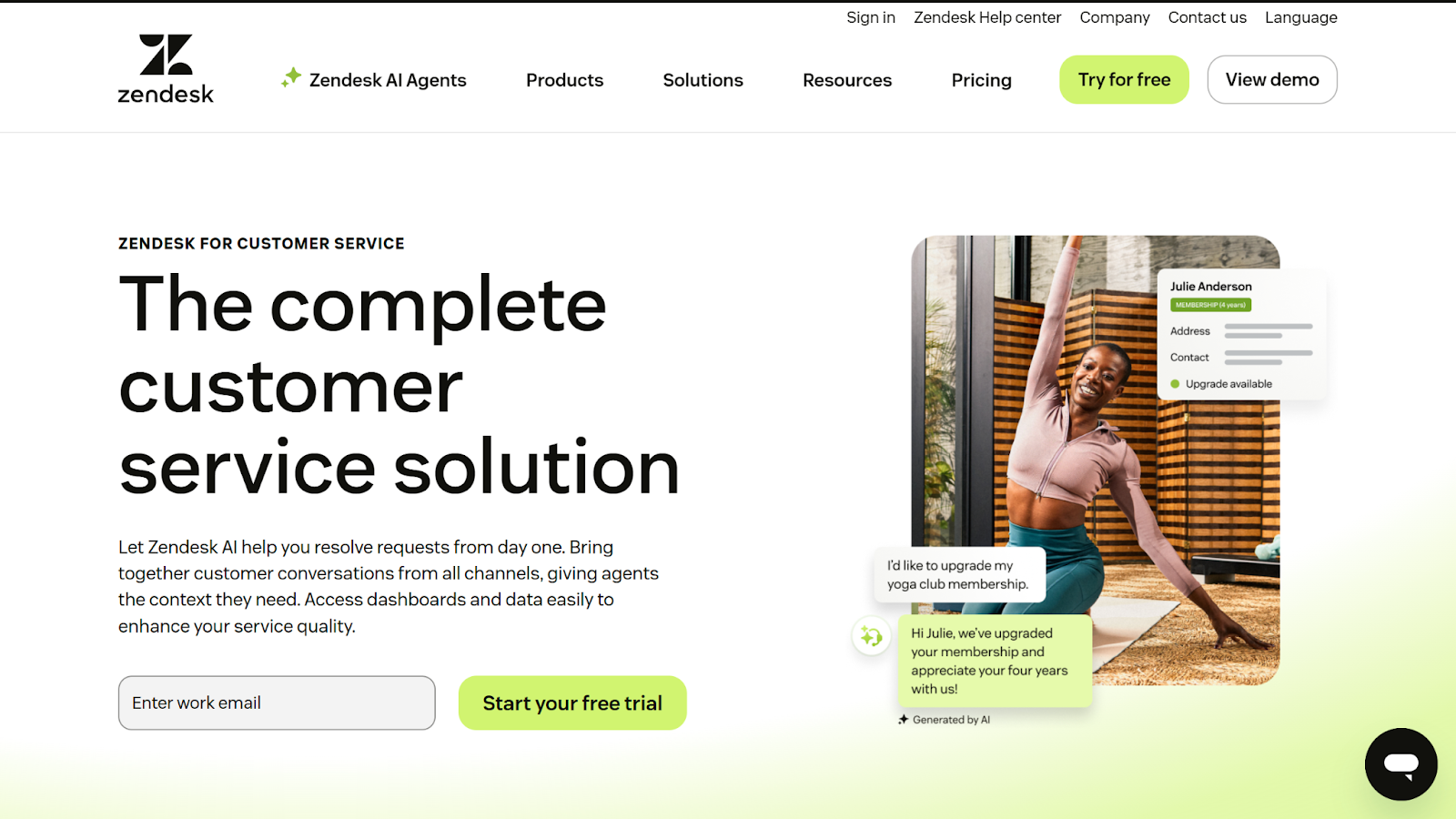 Screenshot of the Zendesk landing page