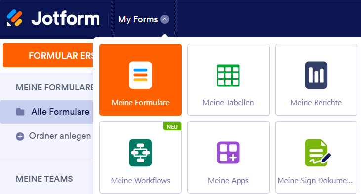 Klicken Sie auf das Dropdown-Menü Meine Formulare in Jotform und wählen Sie Meine Apps aus
