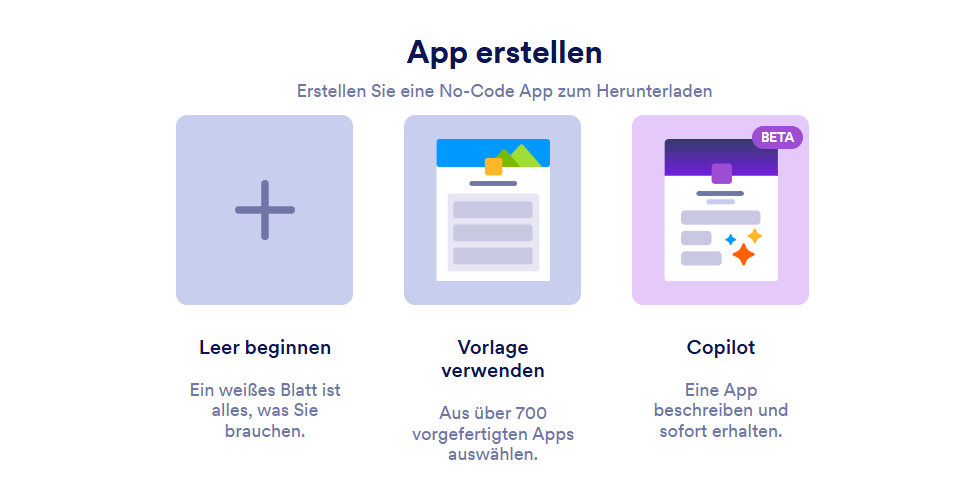 Leer beginnen, Vorlage verwenden und Copilot, die auf der Seite App erstellen angezeigt werden