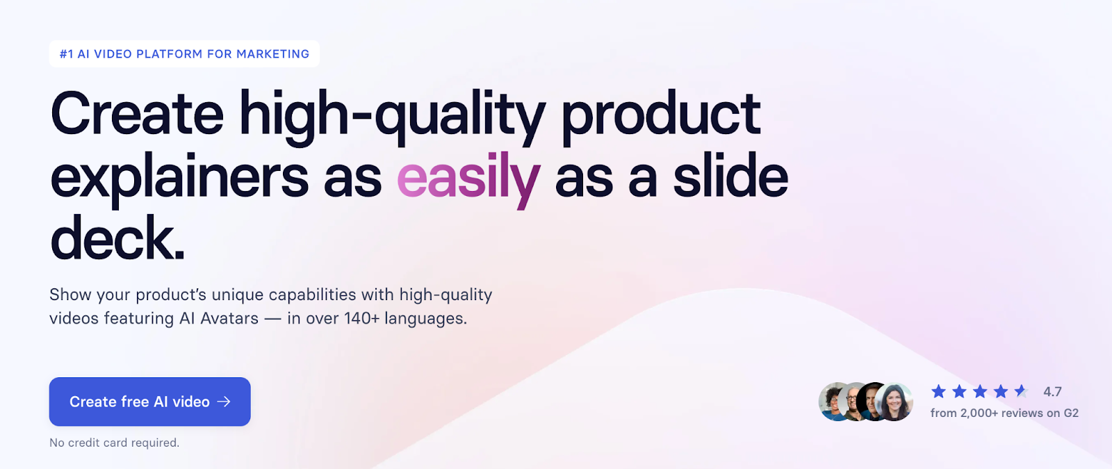 screenshot of Synthia website homepage with the following words create high quality product explainers as easily as a slide deck
