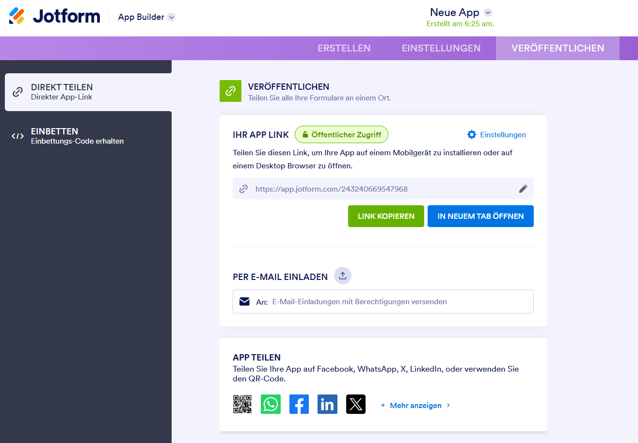 Klicken auf die Registerkarte Einstellungen im Jotform App-Generator