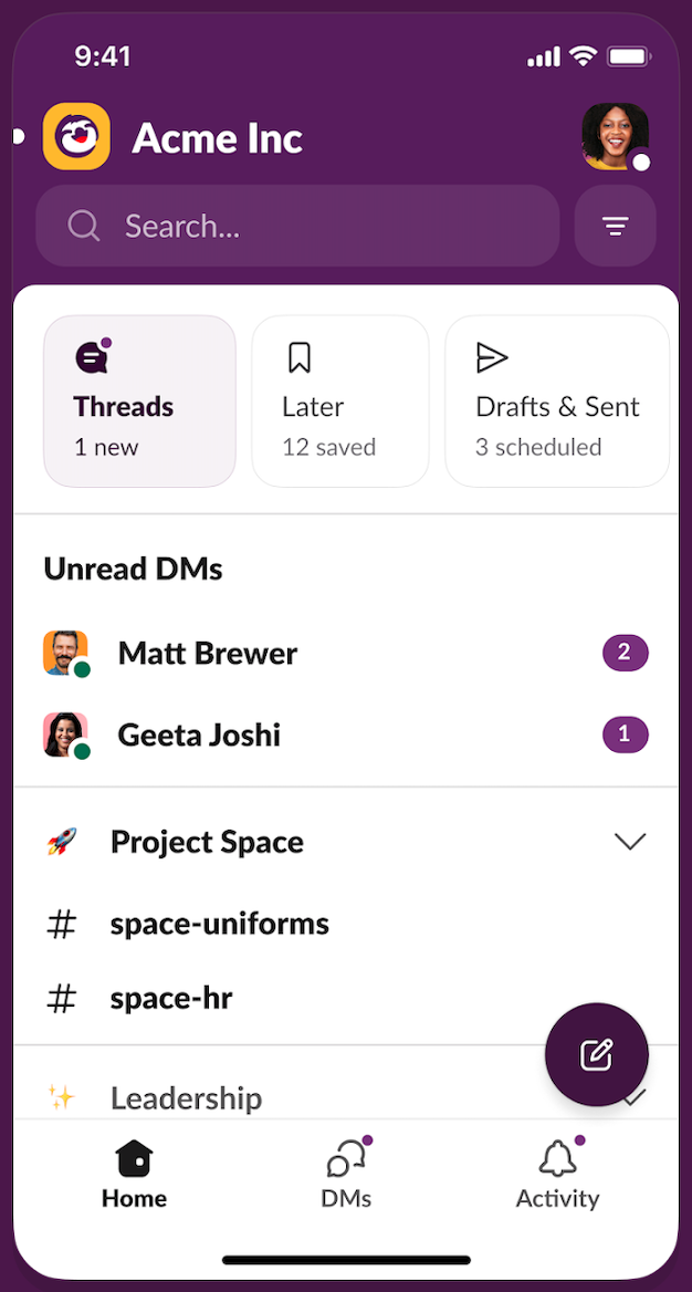 Benutzeroberfläche von Slack