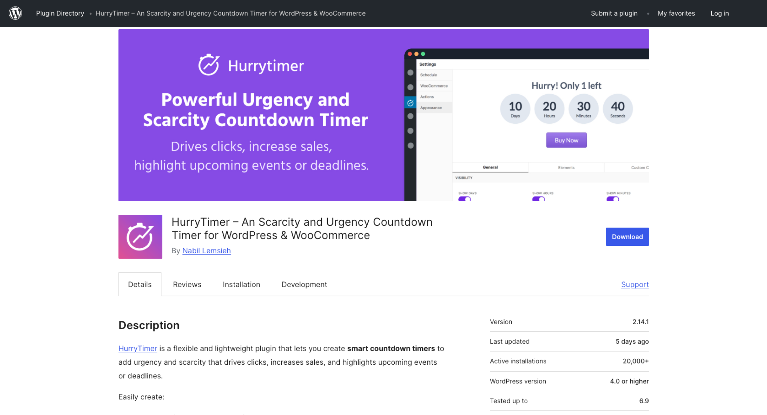 Hurry Timer WordPress Plug-in Directory Page