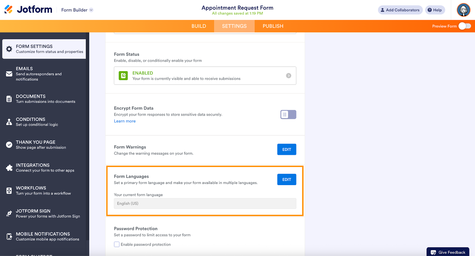 Jotform Settings page with the Form Languages section highlighted in an orange box, showing the option to edit the form’s default language