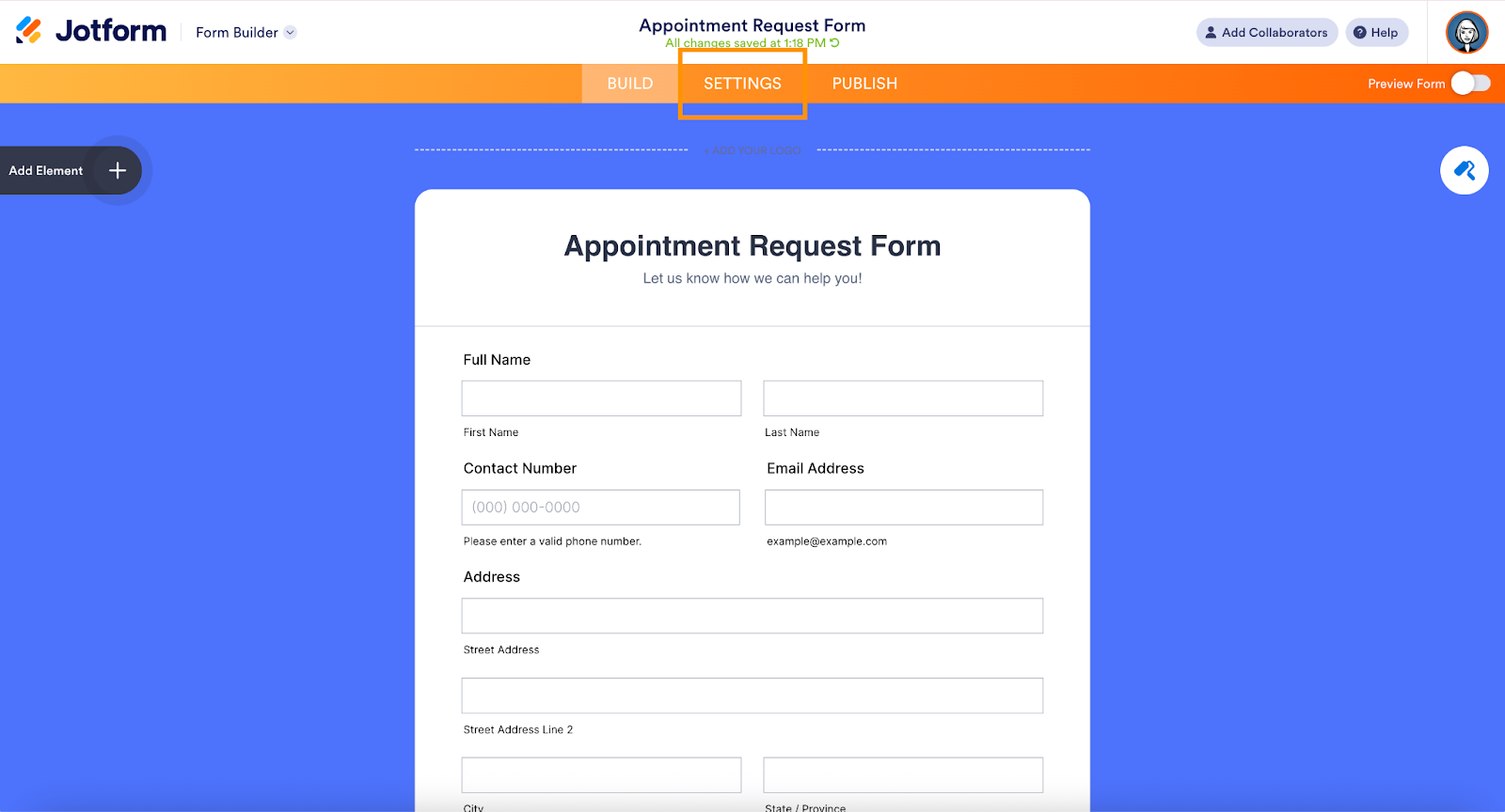 Jotform Form Builder displaying the Appointment Request Form with form fields visible and the Build, Settings, and Publish tabs at the top