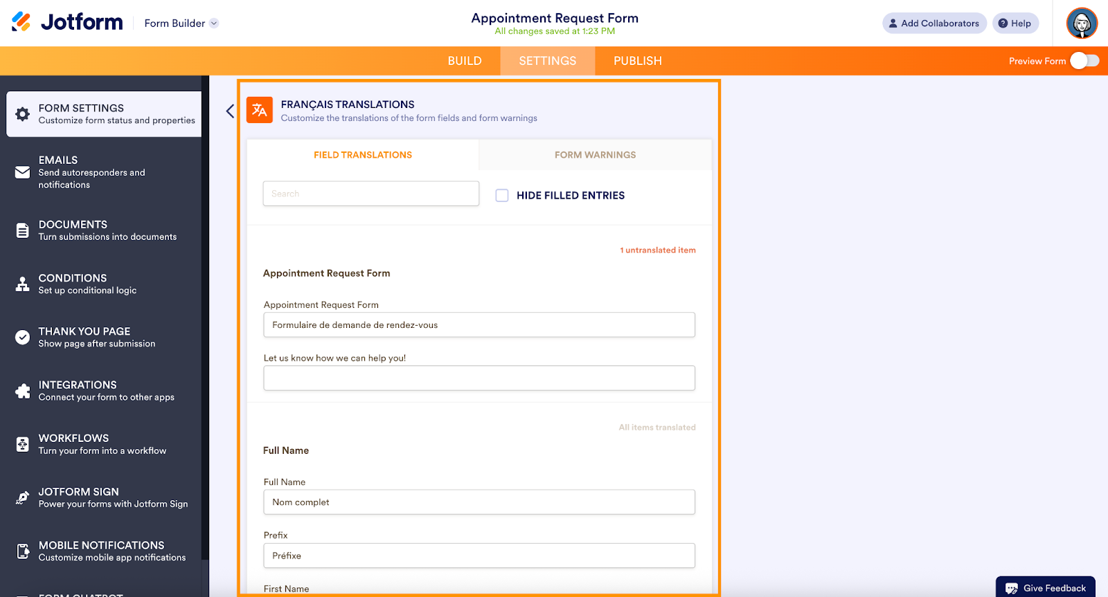 Jotform translation editor displaying French translations, with fields for editing translated form text and a highlighted translation panel