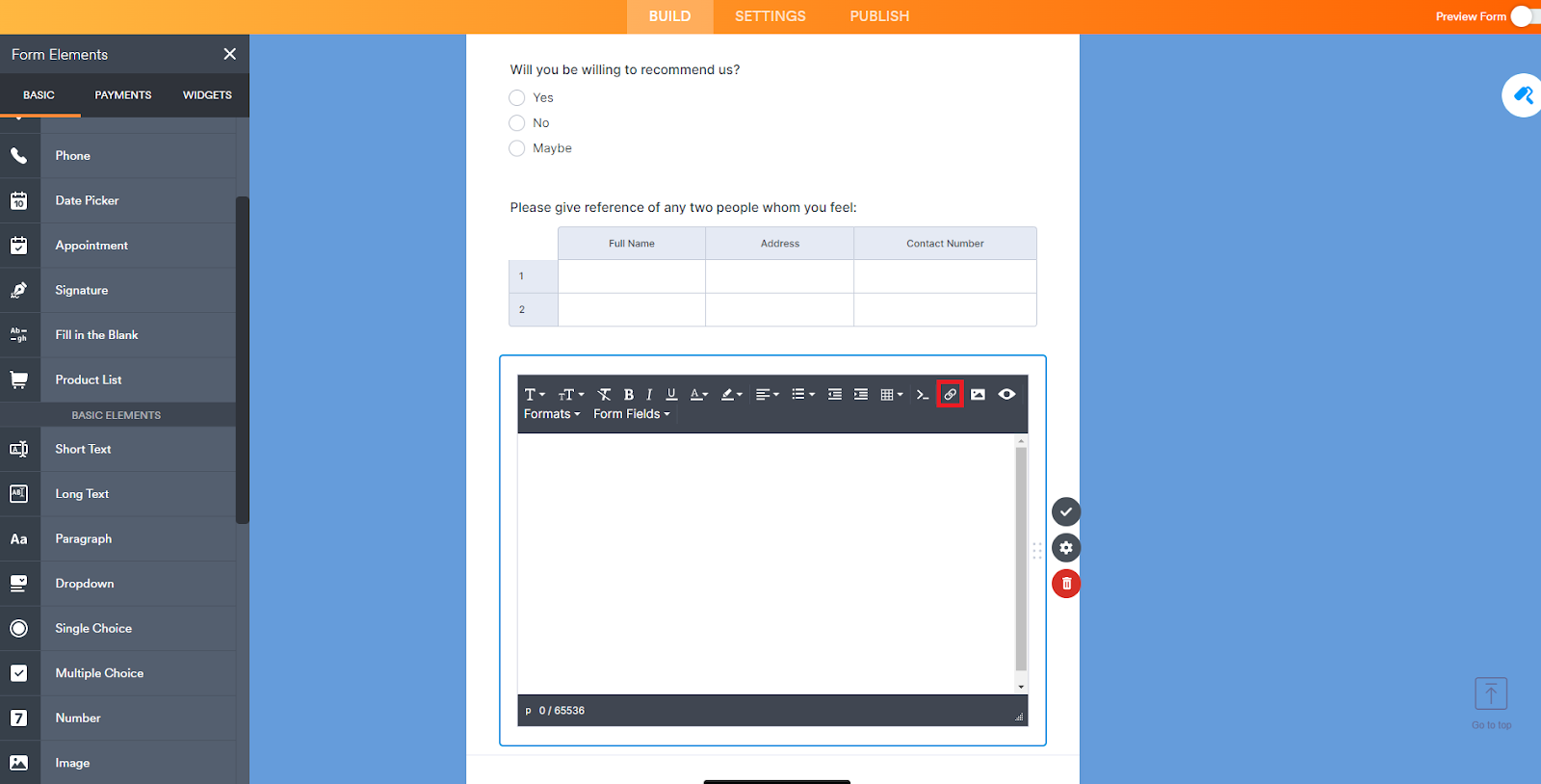 Jotform Form Builder Hyperlink Button in the Paragraph Element