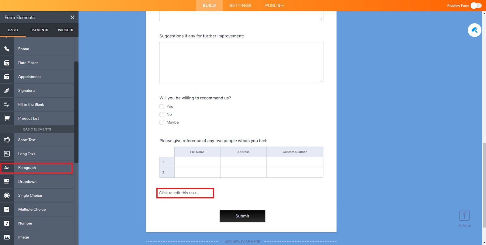 Jotform Form Builder Adding a Paragraph Element to a Form