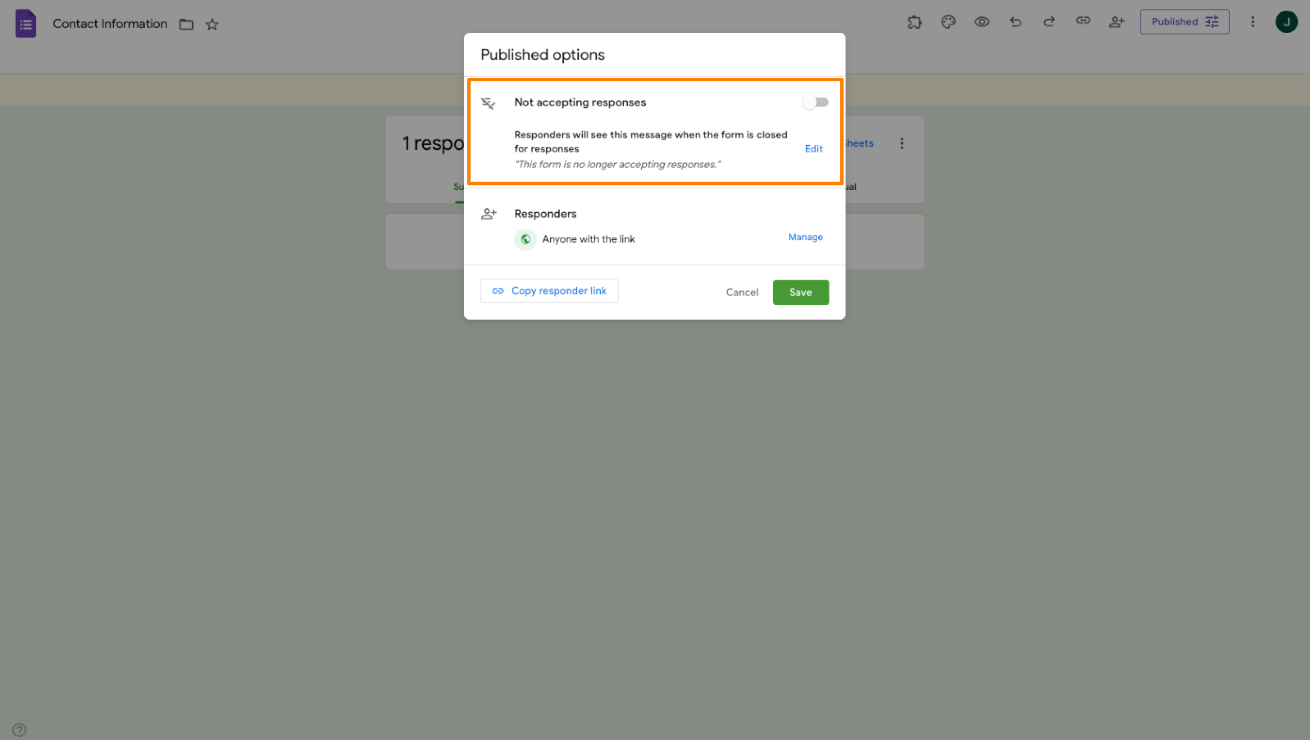 Google Forms Published options Menu Pop-up