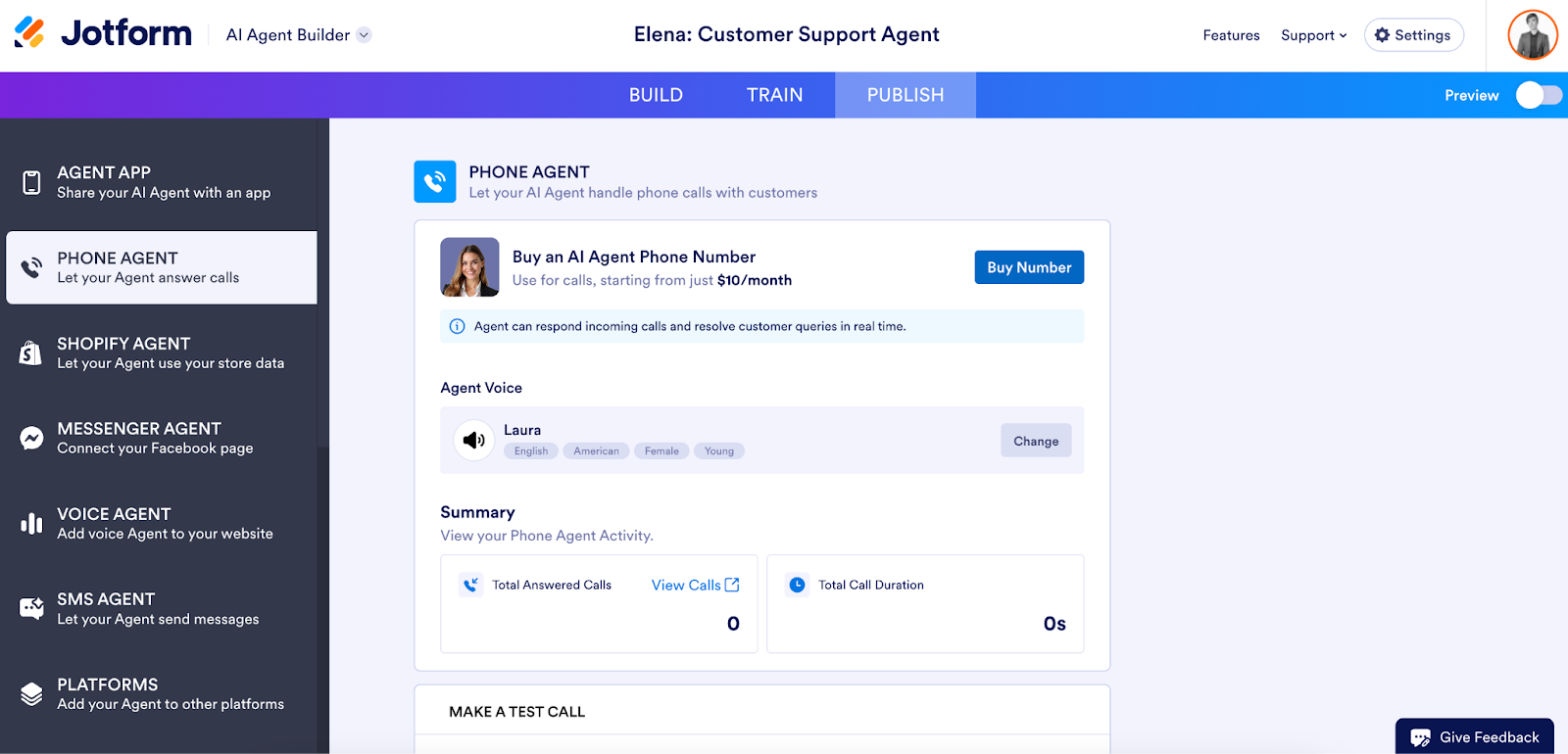 Jotform AI Agent Builder screen showing Phone Agent setup with options to buy a phone number, choose a voice, and view call stats