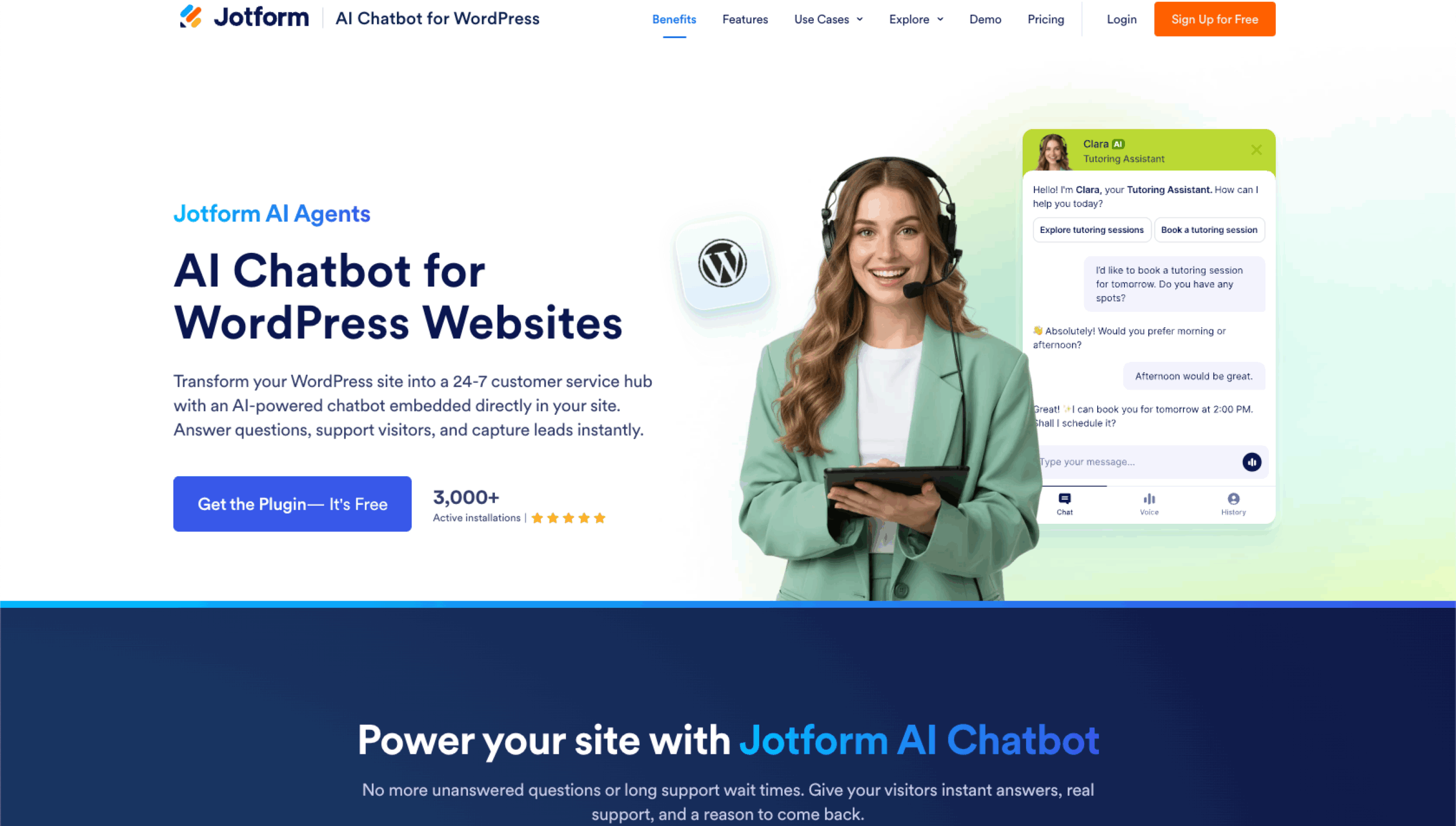 Jotform AI Chatbot for WordPress Landing Page