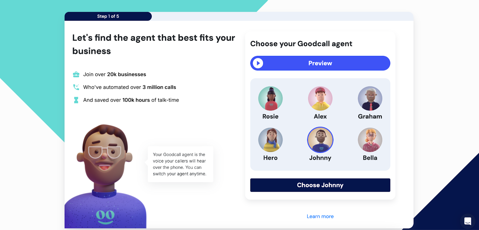 Screenshot of Goodcall's agent builder page 