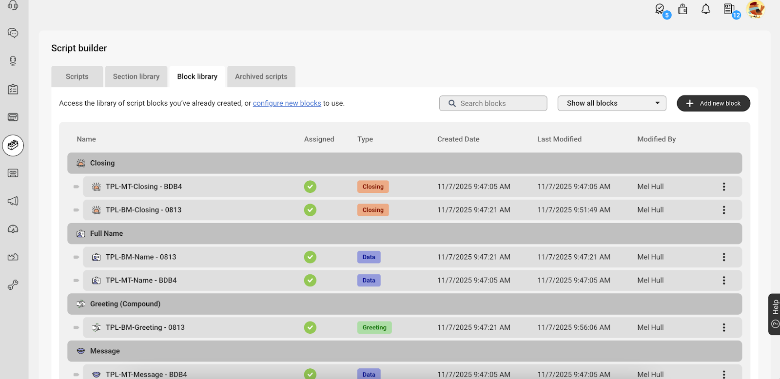 Screenshot of Specialty Answering Service's script builder