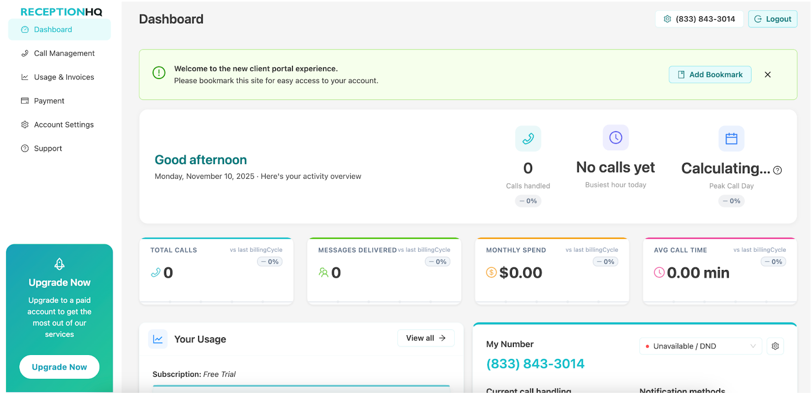Screenshot of the ReceptionHQ dashboard contains metrics