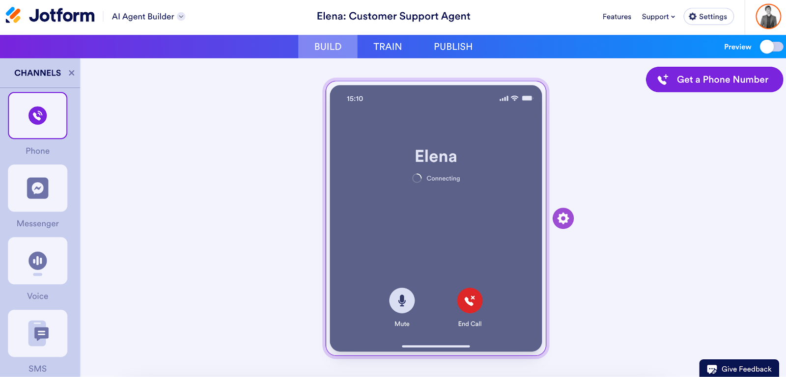 Jotform AI Agent Builder screen showing a simulated phone call interface labeled ‘Elena’ with options to mute or end the call