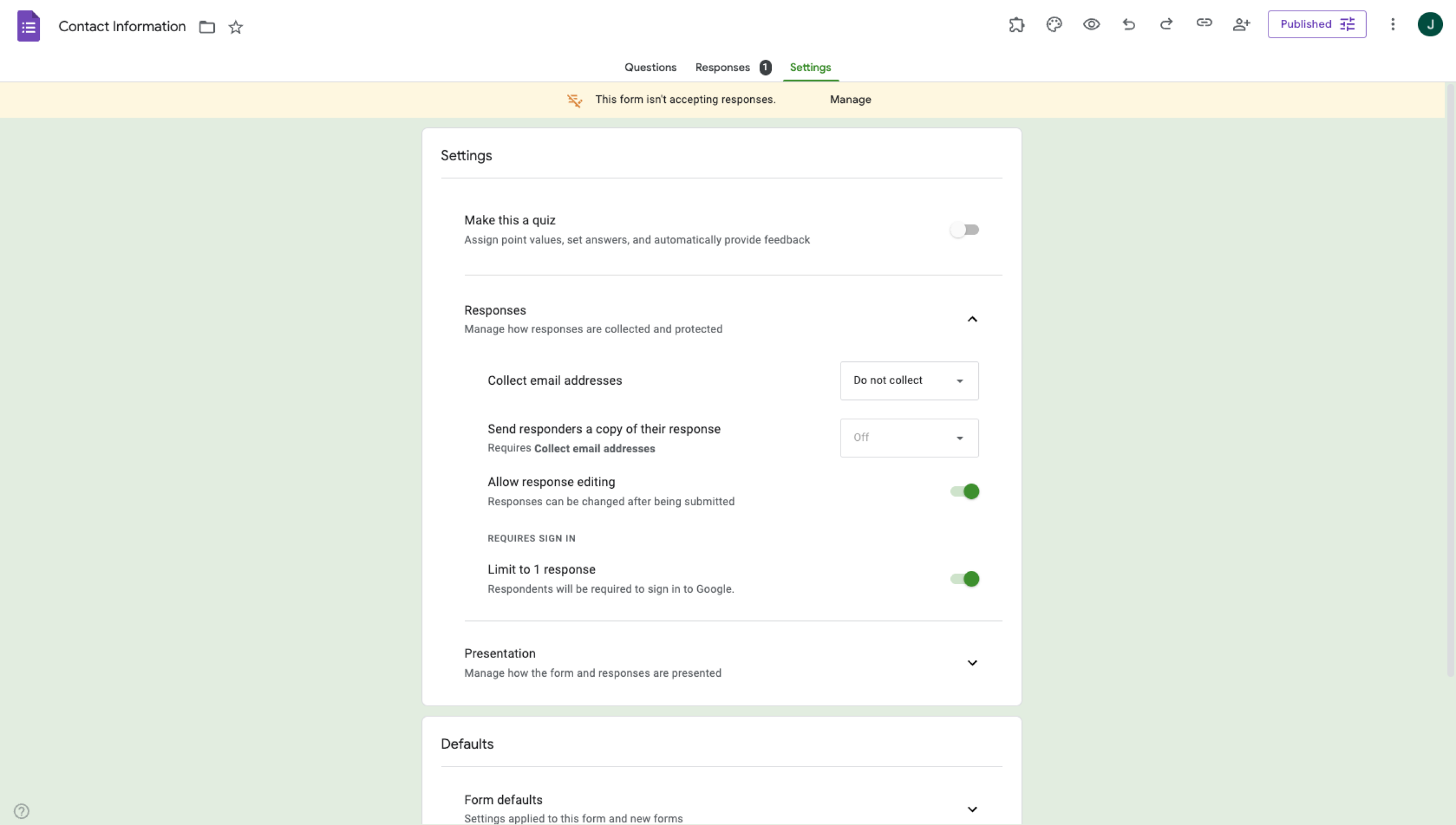 Google Forms Form Settings Responses Section