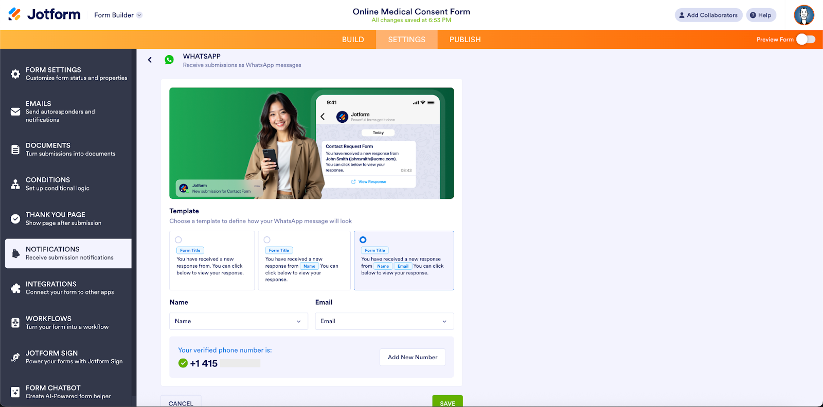 Bekijken van het geverifieerde telefoonnummer op de WhatsApp pagina in Jotform formulierbouwer