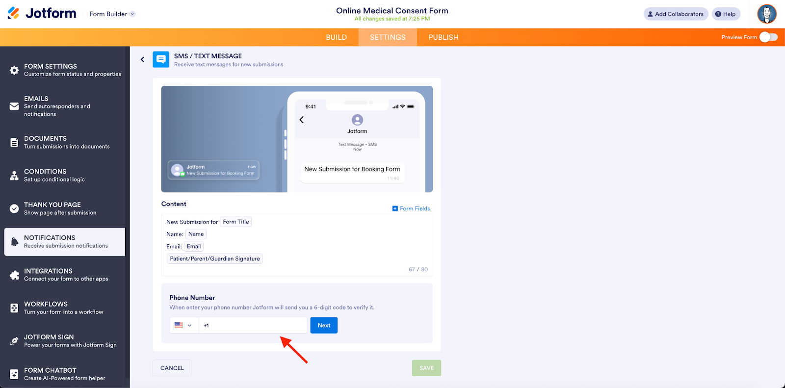 Invoeren van een telefoonnummer op de SMS/Tekstbericht pagina op Jotform formulierbouwer