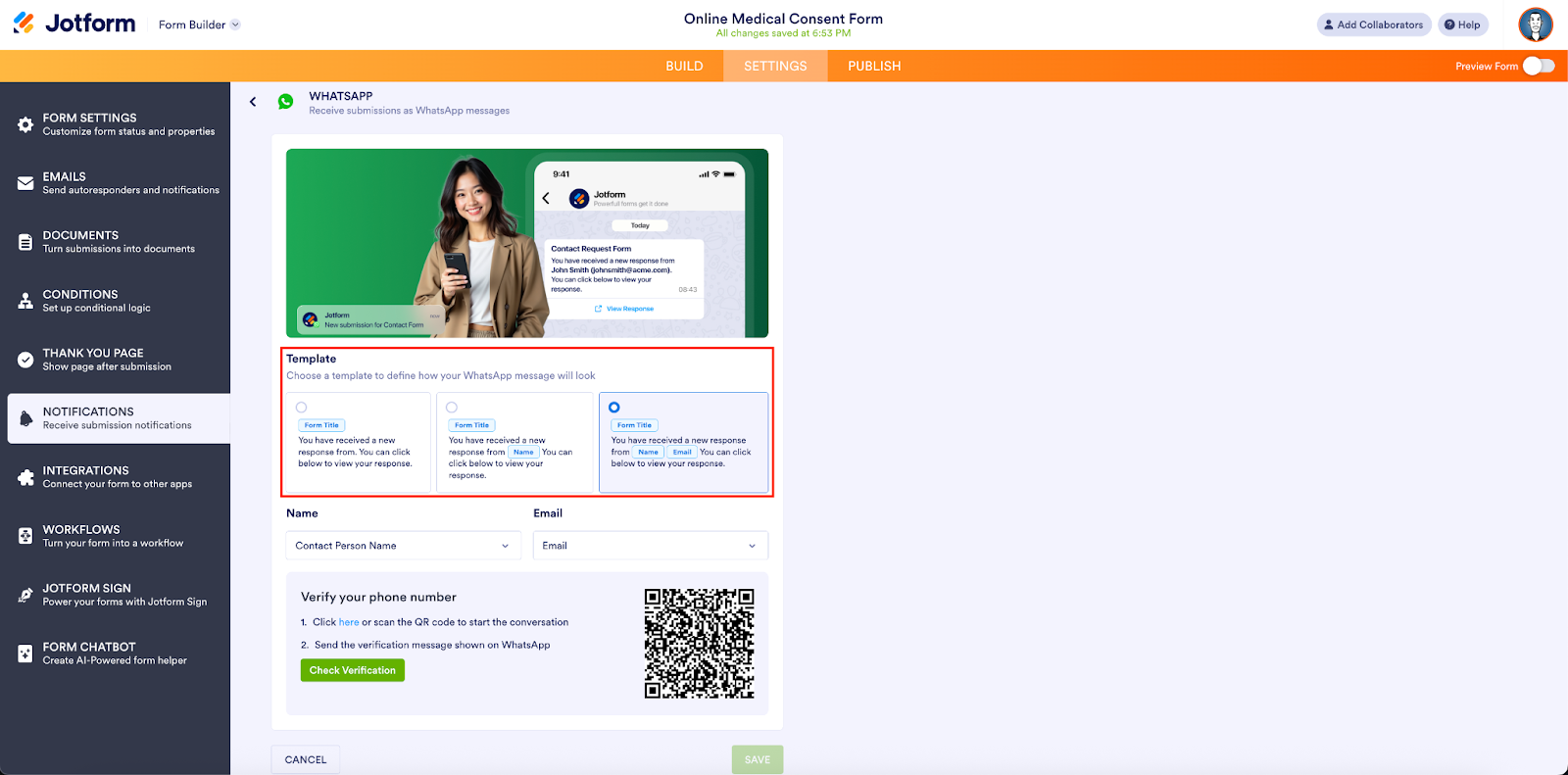 Bekijken van de sjablonen die gebruikt worden voor een WhatsApp bericht op Jotform formulierbouwer