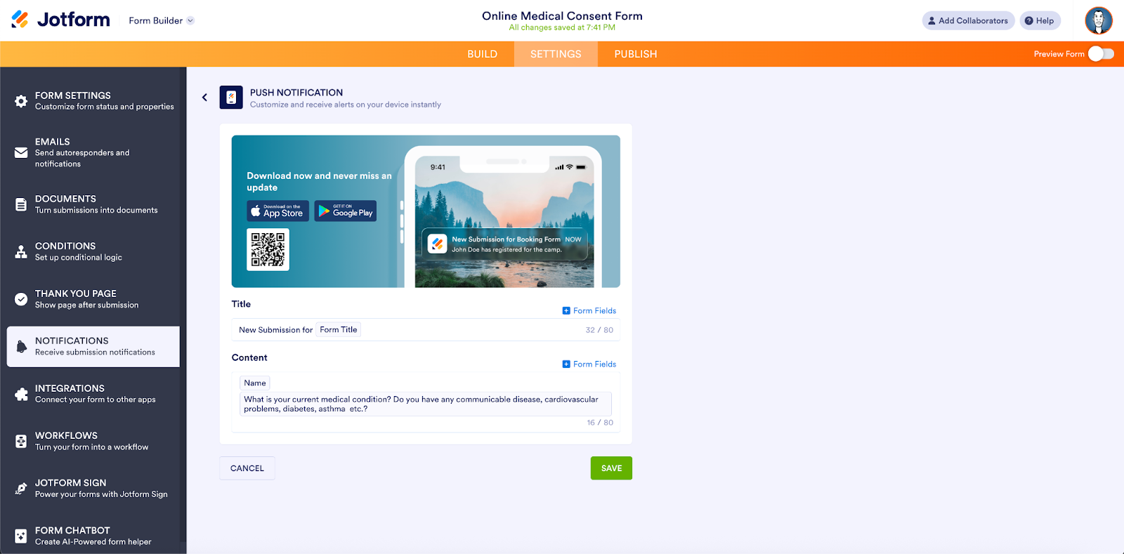 Bekijken van de Pushmeldingen pagina op Jotform formulierbouwer
