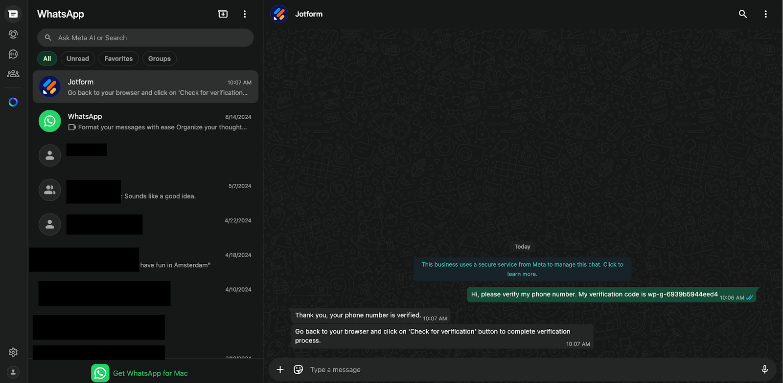 Invoeren van de verificatiecode als bericht naar Jotform op WhatsApp