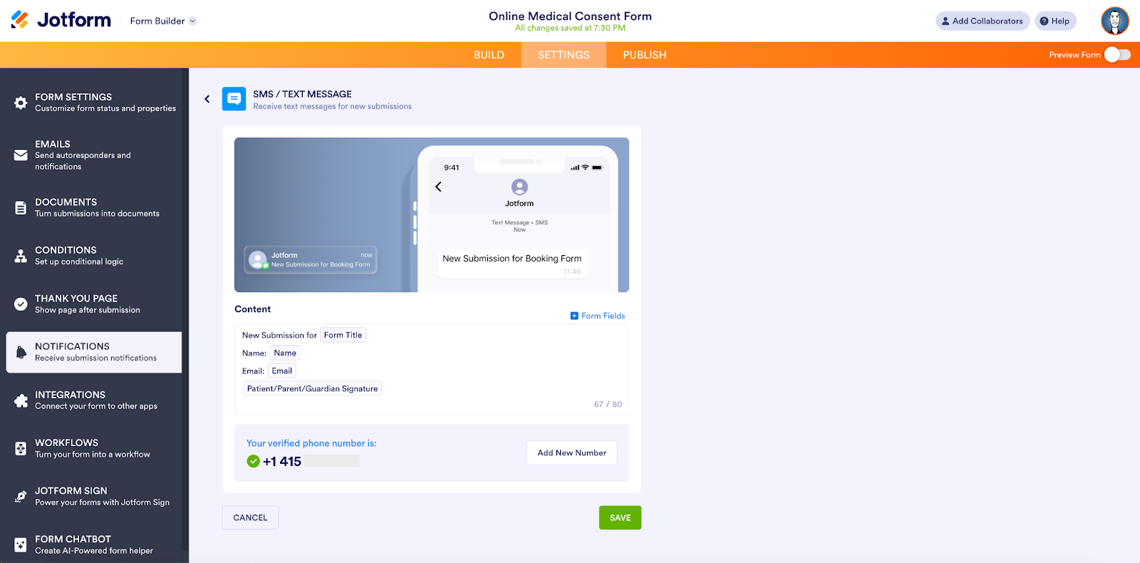 Bekijken van het geverifieerde telefoonnummer op de SMS/Tekstbericht pagina op Jotform formulierbouwer