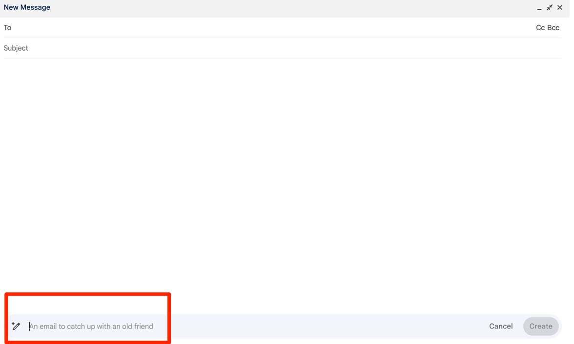 Email compose window with empty To and Subject fields, showing an AI writing prompt at the bottom that says “An email to catch up with an old friend,” highlighted with a red box