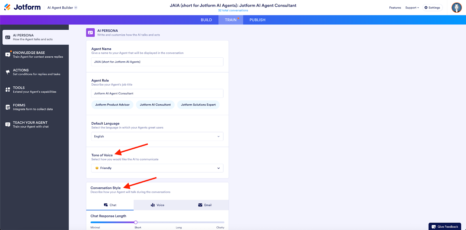 Highlighting the Tone of Voice and the Conversation Style options under the AI Persona page on the AI Agent Builder