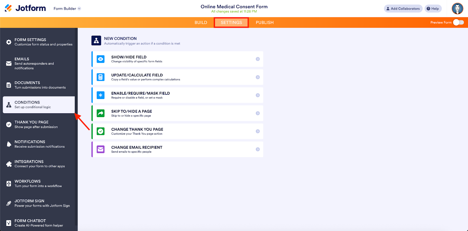 Clicking on the Settings tab and then the Conditions option on the Jotform Form Builder