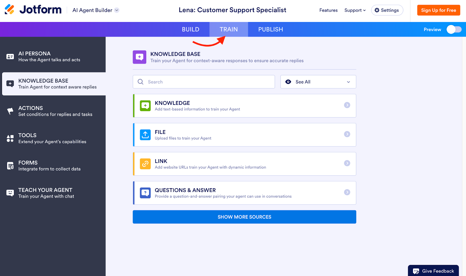 Jotform AI Agents interface with an arrow pointing to the Train tab where you can add a knowledge base