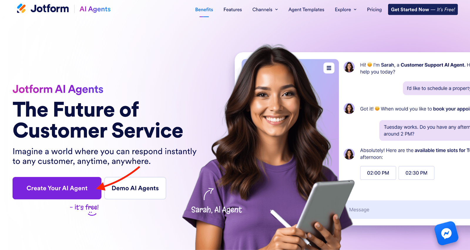 Jotform AI Agents website with the words: "The Future of Customer Service"
