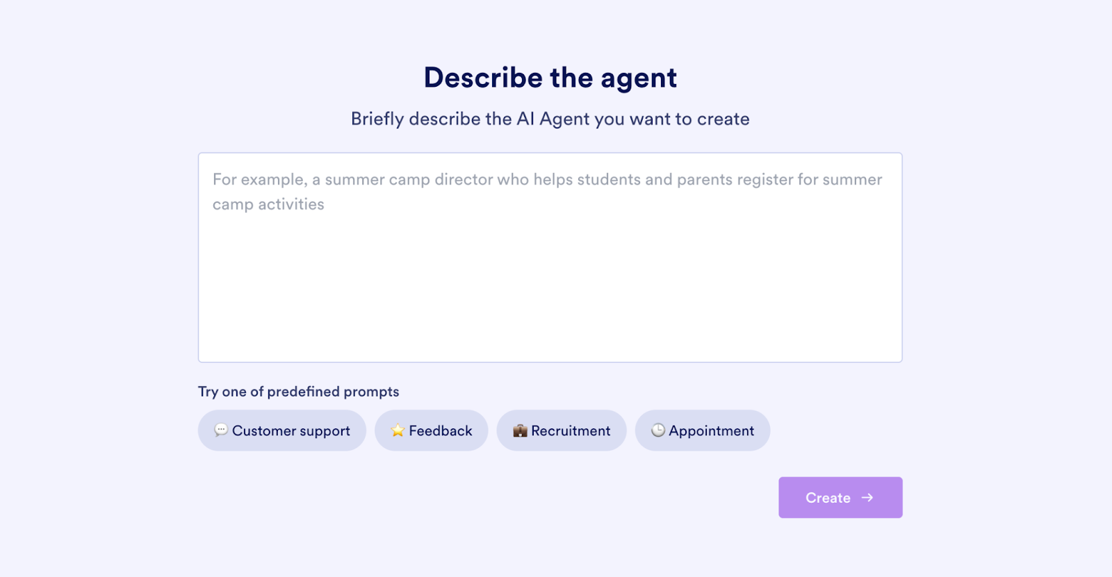 Jotform AI Agents interface showing a text box where you can describe what you want your agent to do