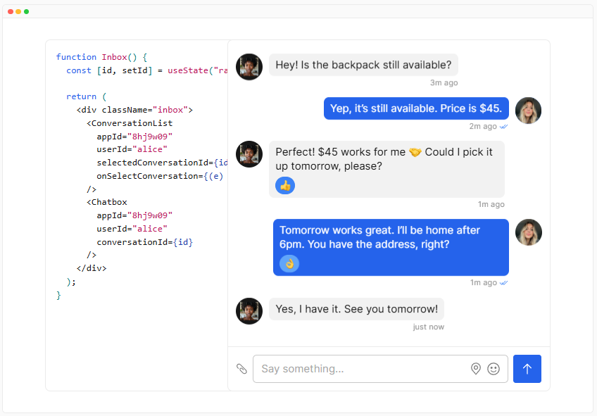 TalkJS's promotional image showing a conversation and code box