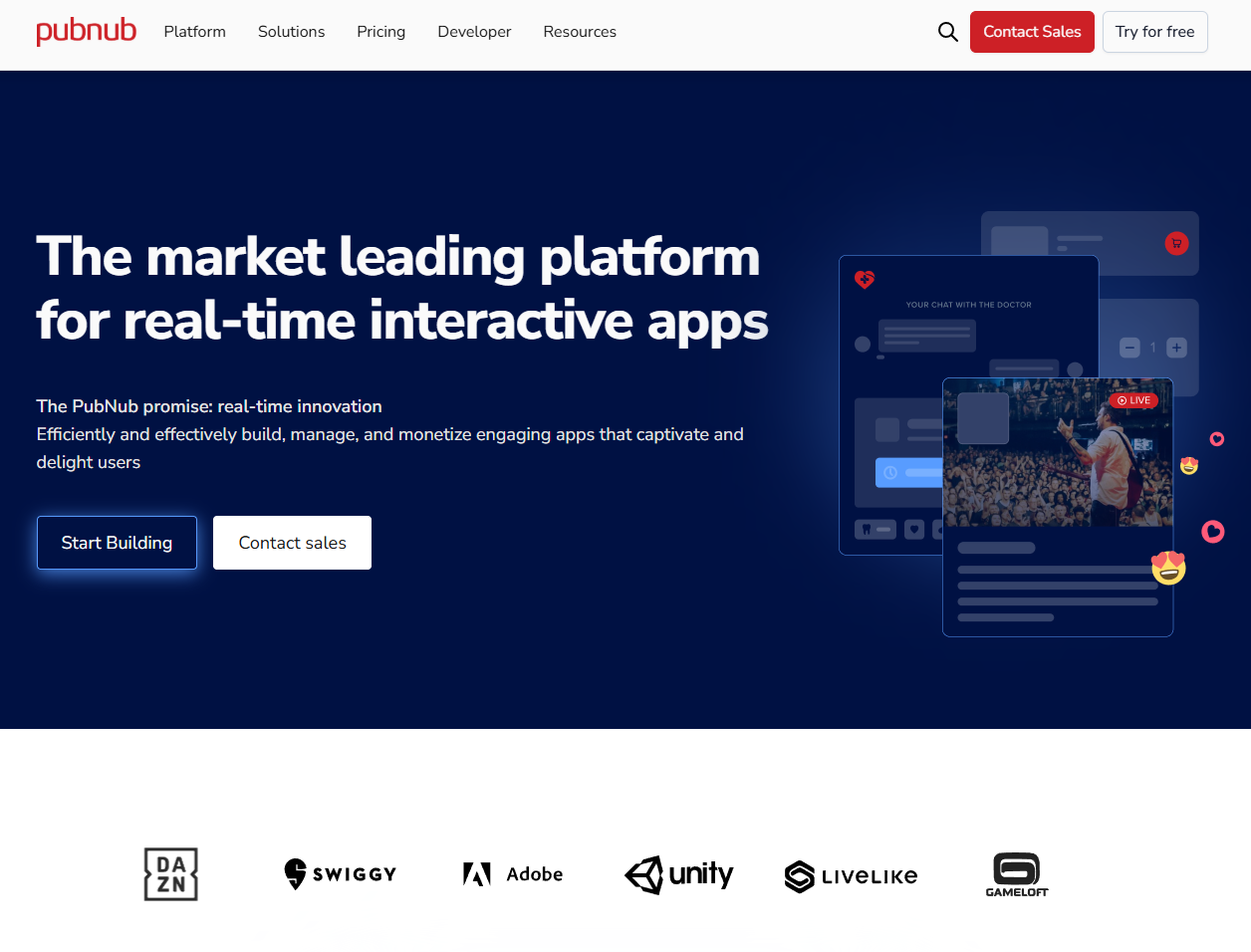 Screenshot of PubNub landing page