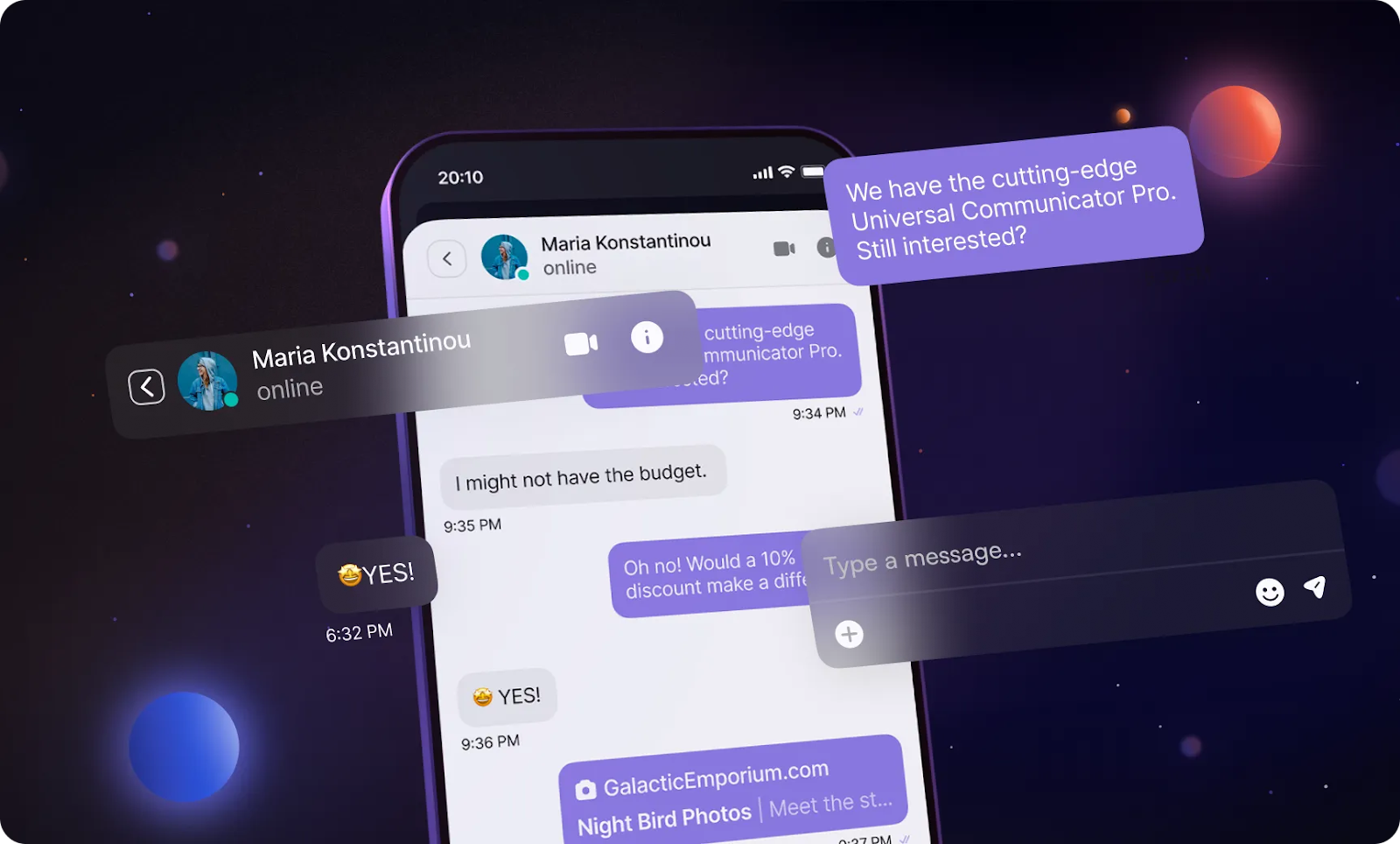 Promotional illustration of the CometChat mobile chat interface showing a real-time conversation with message bubbles, typing input, user status, and floating UI elements