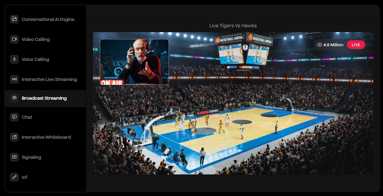 Screenshot of Agora's interface and broadcast streaming section