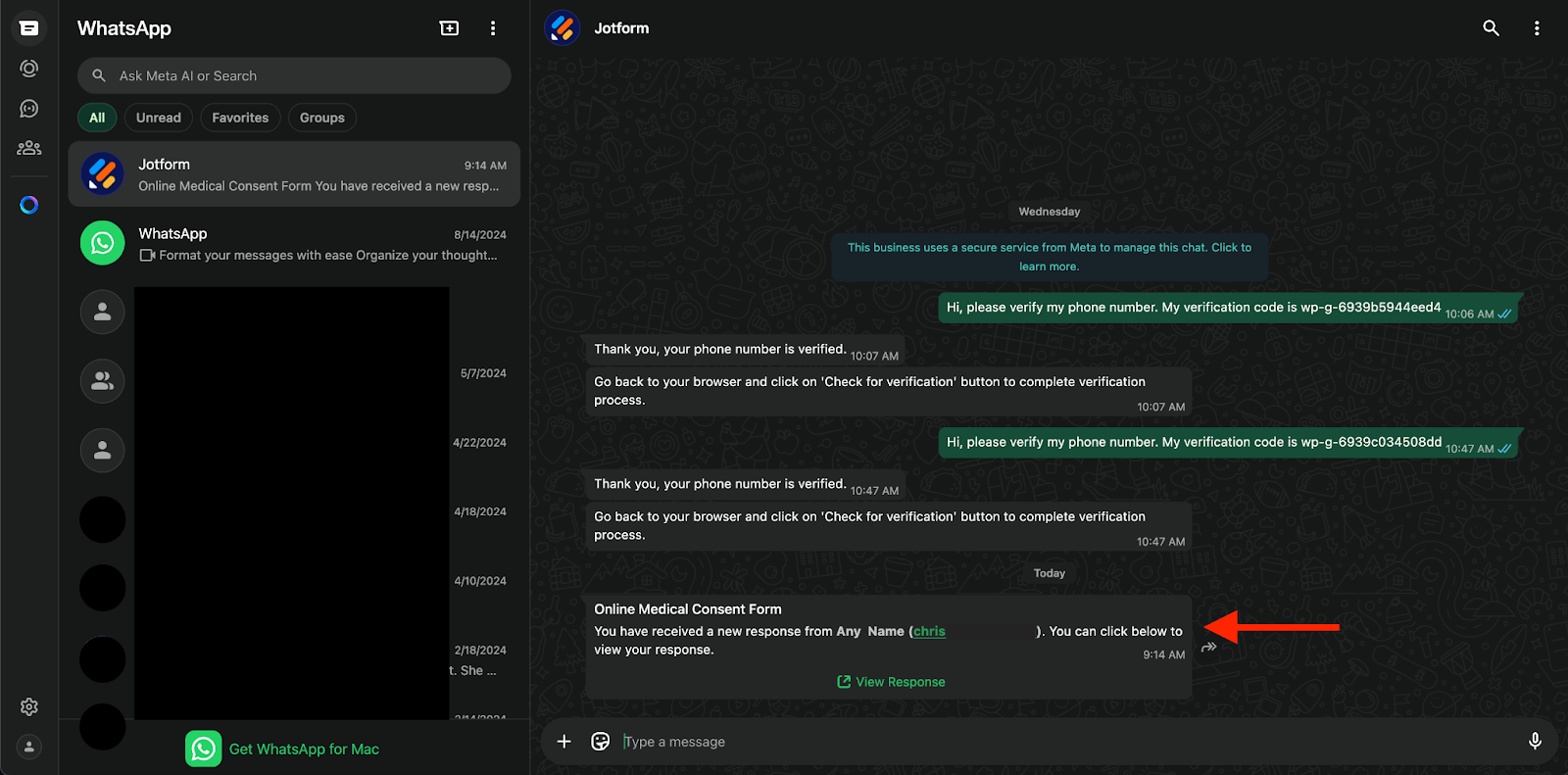 Bekijken van de nieuwe formulierinzending naar Jotform in WhatsApp
