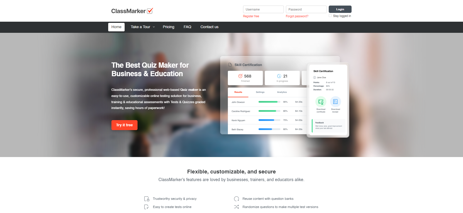 Page d'accueil ClassMarker