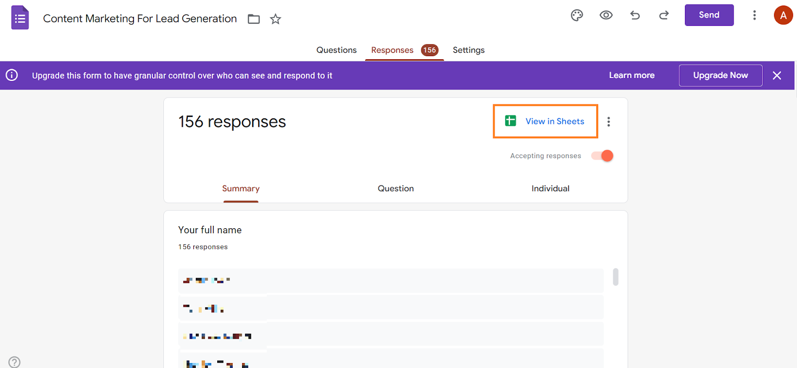 Google Forms Responses Tab View in Sheets 