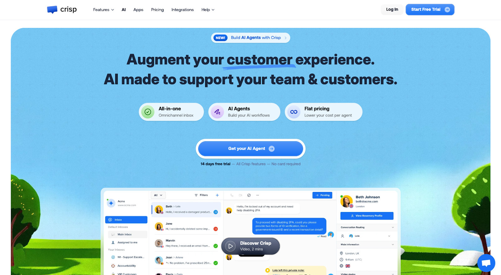 Screenshot of Crisp's landing page, showing a headline "Augment your customer experience