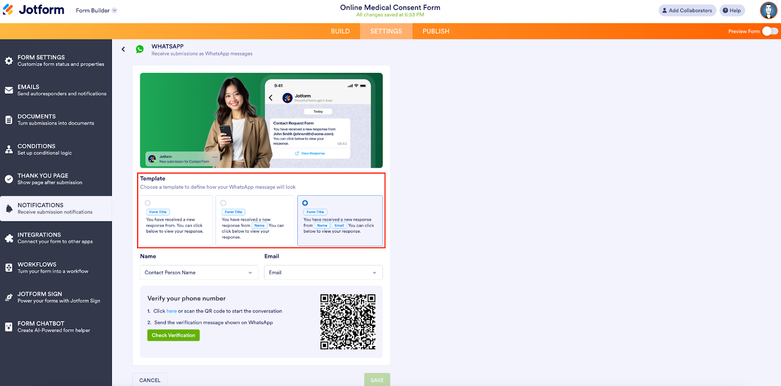 Viewing the WhatsApp options and highlighting the Template section on Jotform Form Builder